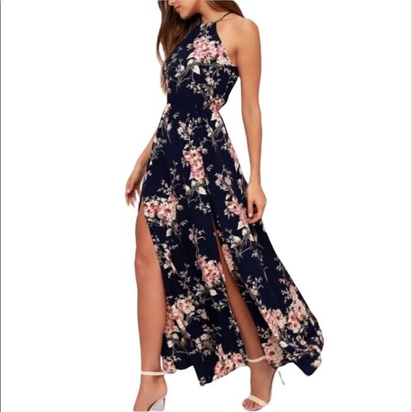NWT Lulus Feel the Music Floral Halter Dress Navy Antique Floral Small - Picture 1 of 14